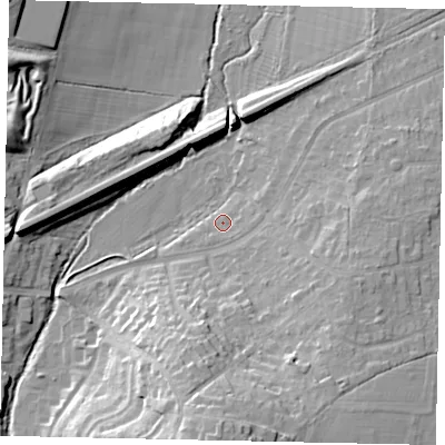 Shaded relief map of the ground around UB109LQ, computed from Environment Agency LiDAR. The ground here sits at about 35 m above sea level and falls 20 m across the surrounding 800 m. Surface water reaching this point runs off ground lying to the east, 2.1 m higher.