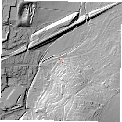 Shaded relief map of the ground around UB109LY, computed from Environment Agency LiDAR. The ground here sits at about 35 m above sea level and falls 22 m across the surrounding 800 m. Surface water reaching this point runs off ground lying to the south-south-east, 19.2 m higher.