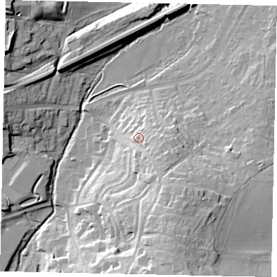 Shaded relief map of the ground around UB109NP, computed from Environment Agency LiDAR. The ground here sits at about 43 m above sea level and falls 24 m across the surrounding 800 m. Surface water reaching this point runs off ground lying to the south-south-east, 8.4 m higher.