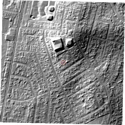 Shaded relief map of the ground around UB12XN, computed from Environment Agency LiDAR. The ground here sits at about 40 m above sea level and falls 17 m across the surrounding 800 m. Surface water reaching this point runs off ground lying to the north-north-east, 8.9 m higher.