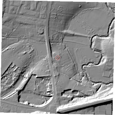 Shaded relief map of the ground around UB13EE, computed from Environment Agency LiDAR. The ground here sits at about 16 m above sea level and falls 23 m across the surrounding 800 m. Surface water reaching this point runs off ground lying to the south, 8.4 m higher.