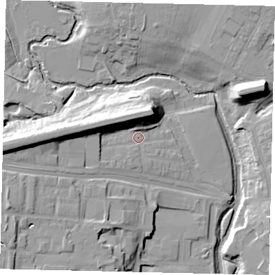 Shaded relief map of the ground around UB13ER, computed from Environment Agency LiDAR. The ground here sits at about 15 m above sea level and falls 23 m across the surrounding 800 m. Surface water reaching this point runs off ground lying to the west, 16.9 m higher.