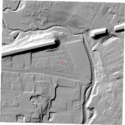 Shaded relief map of the ground around UB13ES, computed from Environment Agency LiDAR. The ground here sits at about 14 m above sea level and falls 23 m across the surrounding 800 m. Surface water reaching this point runs off ground lying to the west-south-west, 1.9 m higher.