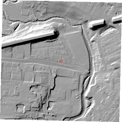 Shaded relief map of the ground around UB13ET, computed from Environment Agency LiDAR. The ground here sits at about 14 m above sea level and falls 23 m across the surrounding 800 m. Surface water reaching this point runs off ground lying to the west, 7.6 m higher.