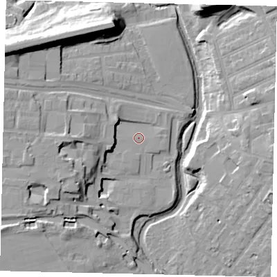 Shaded relief map of the ground around UB13HW, computed from Environment Agency LiDAR. The ground here sits at about 13 m above sea level and falls 23 m across the surrounding 800 m. Surface water reaching this point runs off ground lying to the west-south-west, 5.1 m higher.