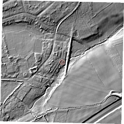 Shaded relief map of the ground around UB24NN, computed from Environment Agency LiDAR. The ground here sits at about 25 m above sea level and falls 10 m across the surrounding 800 m. Surface water reaching this point runs off ground lying to the west, 5.6 m higher.