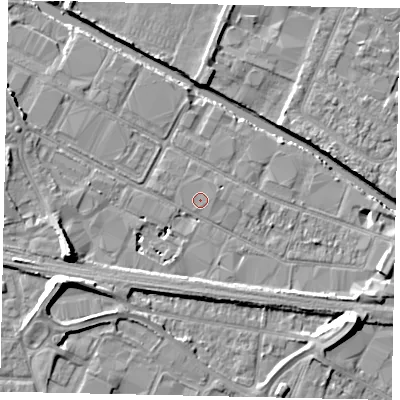 Shaded relief map of the ground around UB31DD, computed from Environment Agency LiDAR. The ground here sits at about 32 m above sea level and falls 10 m across the surrounding 800 m. Surface water reaching this point runs off ground lying to the east-north-east, 0.6 m higher.