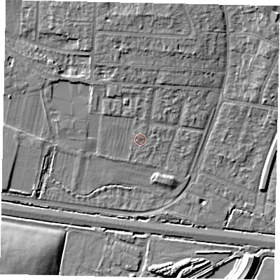 Shaded relief map of the ground around UB34AH, computed from Environment Agency LiDAR. The ground here sits at about 27 m above sea level and falls 10 m across the surrounding 800 m. Surface water reaching this point runs off ground lying to the north, 2.7 m higher.