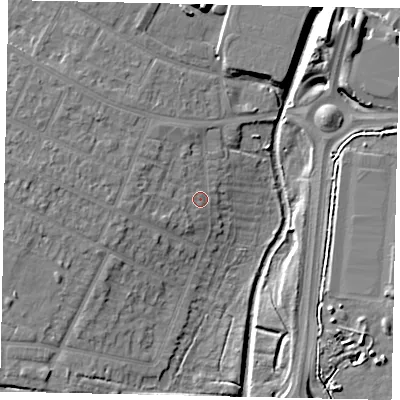 Shaded relief map of the ground around UB34QX, computed from Environment Agency LiDAR. The ground here sits at about 29 m above sea level and falls 12 m across the surrounding 800 m. Surface water reaching this point runs off ground lying to the west-north-west, 2.9 m higher.