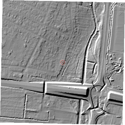 Shaded relief map of the ground around UB34QZ, computed from Environment Agency LiDAR. The ground here sits at about 26 m above sea level and falls 12 m across the surrounding 800 m. Surface water reaching this point runs off ground lying to the north-west, 6.9 m higher.