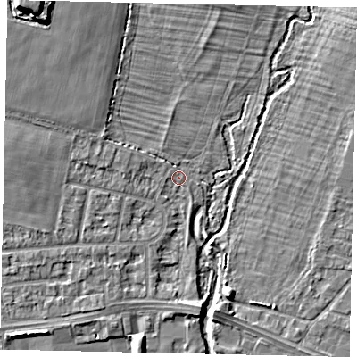 Shaded relief map of the ground around UB35HE, computed from Environment Agency LiDAR. The ground here sits at about 23 m above sea level and falls 10 m across the surrounding 800 m. Surface water reaching this point runs off ground lying to the west-north-west, 1.5 m higher.