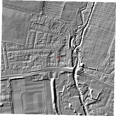 Shaded relief map of the ground around UB35HL, computed from Environment Agency LiDAR. The ground here sits at about 23 m above sea level and falls 5 m across the surrounding 800 m. Surface water reaching this point runs off ground lying to the north-west, 2.8 m higher.