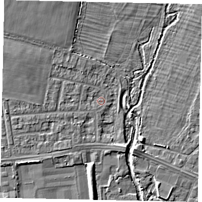 Shaded relief map of the ground around UB35HN, computed from Environment Agency LiDAR. The ground here sits at about 23 m above sea level and falls 5 m across the surrounding 800 m. Surface water reaching this point runs off ground lying to the north-west, 3.3 m higher.