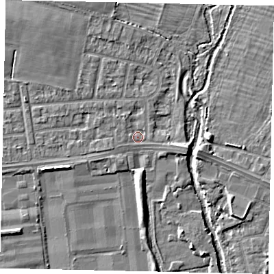 Shaded relief map of the ground around UB35HP, computed from Environment Agency LiDAR. The ground here sits at about 23 m above sea level and falls 5 m across the surrounding 800 m. Surface water reaching this point runs off ground lying to the west-south-west, 1.2 m higher.