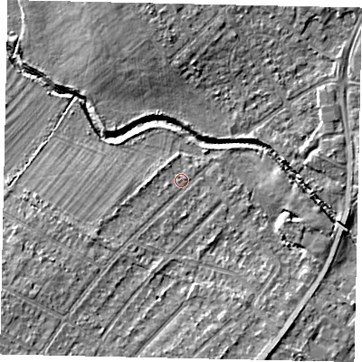 Shaded relief map of the ground around UB40BH, computed from Environment Agency LiDAR. The ground here sits at about 30 m above sea level and falls 5 m across the surrounding 800 m. Surface water reaching this point runs off ground lying to the west-south-west, 2.7 m higher.