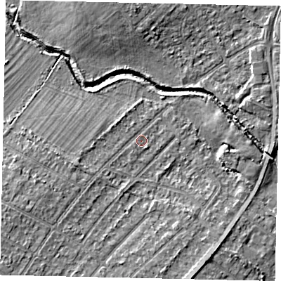 Shaded relief map of the ground around UB40BP, computed from Environment Agency LiDAR. The ground here sits at about 30 m above sea level and falls 5 m across the surrounding 800 m. Surface water reaching this point runs off ground lying to the west-south-west, 2.4 m higher.