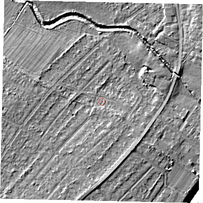 Shaded relief map of the ground around UB40DG, computed from Environment Agency LiDAR. The ground here sits at about 30 m above sea level and falls 7 m across the surrounding 800 m. Surface water reaching this point runs off ground lying to the south-south-east, 2.6 m higher.
