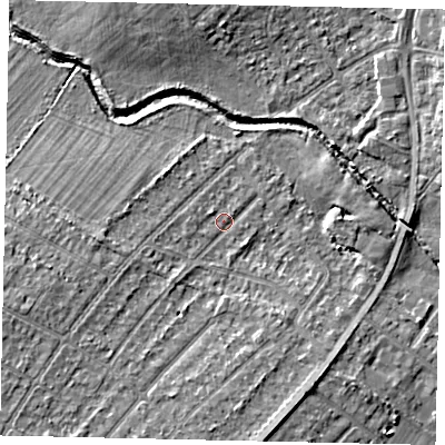 Shaded relief map of the ground around UB40EF, computed from Environment Agency LiDAR. The ground here sits at about 30 m above sea level and falls 5 m across the surrounding 800 m. Surface water reaching this point runs off ground lying to the west-south-west, 1.6 m higher.