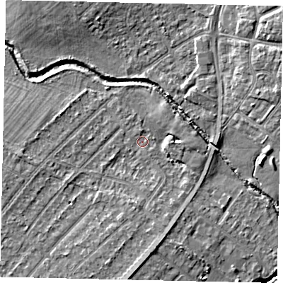 Shaded relief map of the ground around UB40EG, computed from Environment Agency LiDAR. The ground here sits at about 29 m above sea level and falls 6 m across the surrounding 800 m. Surface water reaching this point runs off ground lying to the south, 4.0 m higher.