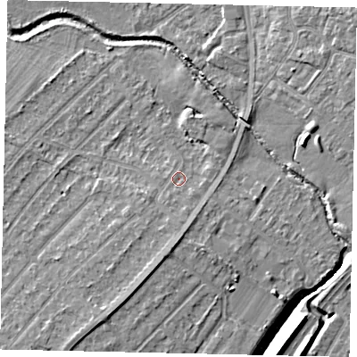 Shaded relief map of the ground around UB40EQ, computed from Environment Agency LiDAR. The ground here sits at about 30 m above sea level and falls 7 m across the surrounding 800 m. Surface water reaching this point runs off ground lying to the south, 1.5 m higher.