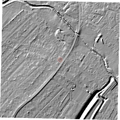 Shaded relief map of the ground around UB40ER, computed from Environment Agency LiDAR. The ground here sits at about 31 m above sea level and falls 7 m across the surrounding 800 m. Surface water reaching this point runs off ground lying to the south-south-west, 1.5 m higher.