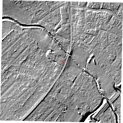 Shaded relief map of the ground around UB40ES, computed from Environment Agency LiDAR. The ground here sits at about 30 m above sea level and falls 7 m across the surrounding 800 m. Surface water reaching this point runs off ground lying to the south-south-west, 0.8 m higher.