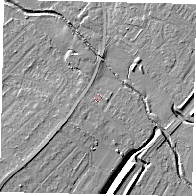 Shaded relief map of the ground around UB40HA, computed from Environment Agency LiDAR. The ground here sits at about 30 m above sea level and falls 8 m across the surrounding 800 m. Surface water reaching this point runs off ground lying to the west, 1.0 m higher.