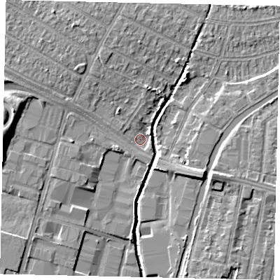 Shaded relief map of the ground around UB40JJ, computed from Environment Agency LiDAR. The ground here sits at about 29 m above sea level and falls 10 m across the surrounding 800 m. Surface water reaching this point runs off ground lying to the west, 9.0 m higher.