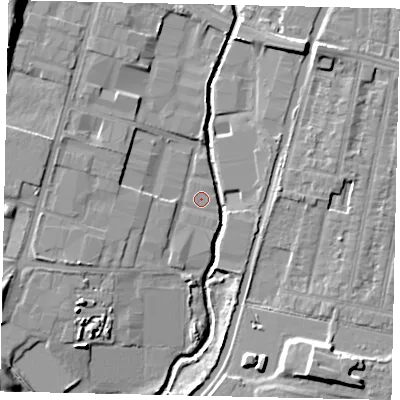 Shaded relief map of the ground around UB40JZ, computed from Environment Agency LiDAR. The ground here sits at about 29 m above sea level and falls 11 m across the surrounding 800 m. The ground contributing surface water to this point lies to the south-south-east.