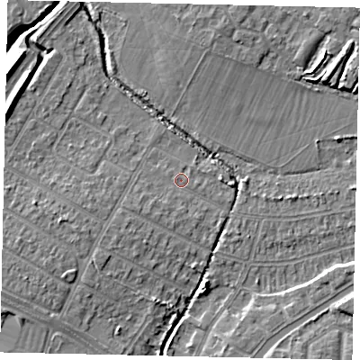 Shaded relief map of the ground around UB40LY, computed from Environment Agency LiDAR. The ground here sits at about 29 m above sea level and falls 7 m across the surrounding 800 m. Surface water reaching this point runs off ground lying to the south-west, 1.5 m higher.
