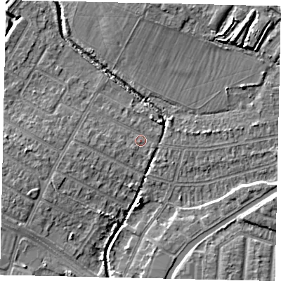 Shaded relief map of the ground around UB40LZ, computed from Environment Agency LiDAR. The ground here sits at about 29 m above sea level and falls 6 m across the surrounding 800 m. Surface water reaching this point runs off ground lying to the west, 1.8 m higher.