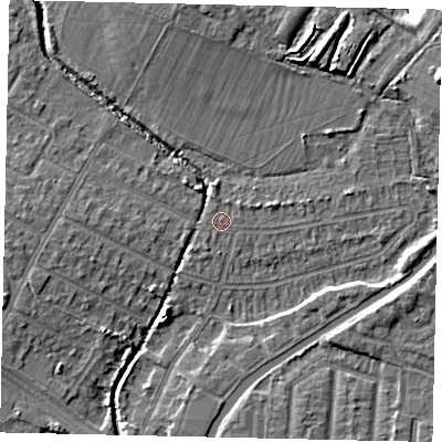 Shaded relief map of the ground around UB40NA, computed from Environment Agency LiDAR. The ground here sits at about 29 m above sea level and falls 10 m across the surrounding 800 m. Surface water reaching this point runs off ground lying to the north-east, 0.5 m higher.