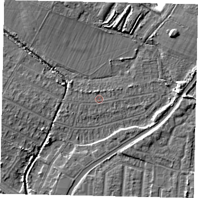 Shaded relief map of the ground around UB40NB, computed from Environment Agency LiDAR. The ground here sits at about 29 m above sea level and falls 10 m across the surrounding 800 m. Surface water reaching this point runs off ground lying to the north-west, 1.0 m higher.