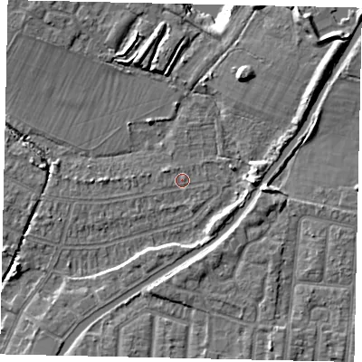 Shaded relief map of the ground around UB40ND, computed from Environment Agency LiDAR. The ground here sits at about 29 m above sea level and falls 10 m across the surrounding 800 m. Surface water reaching this point runs off ground lying to the west-north-west, 1.1 m higher.