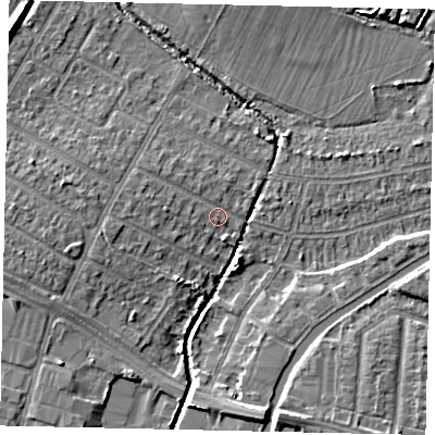 Shaded relief map of the ground around UB40NG, computed from Environment Agency LiDAR. The ground here sits at about 30 m above sea level and falls 7 m across the surrounding 800 m. Surface water reaching this point runs off ground lying to the west, 2.4 m higher.