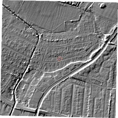 Shaded relief map of the ground around UB40NH, computed from Environment Agency LiDAR. The ground here sits at about 28 m above sea level and falls 7 m across the surrounding 800 m. Surface water reaching this point runs off ground lying to the north-east, 5.0 m higher.