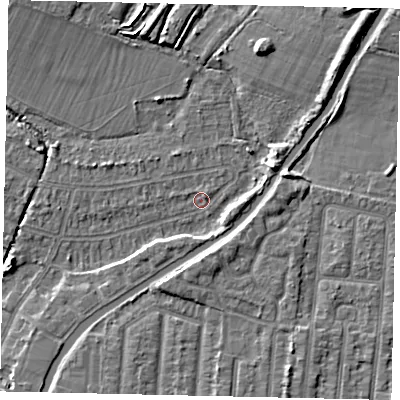 Shaded relief map of the ground around UB40NJ, computed from Environment Agency LiDAR. The ground here sits at about 28 m above sea level and falls 6 m across the surrounding 800 m. Surface water reaching this point runs off ground lying to the north-north-west, 1.1 m higher.