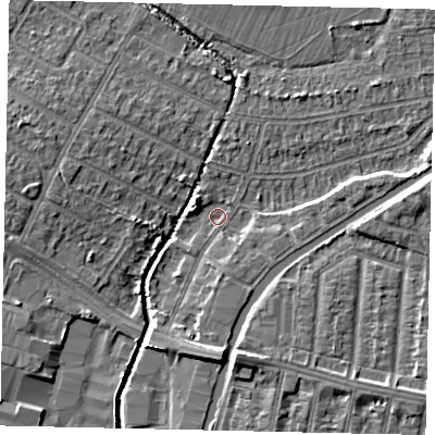 Shaded relief map of the ground around UB40NL, computed from Environment Agency LiDAR. The ground here sits at about 28 m above sea level and falls 7 m across the surrounding 800 m. Surface water reaching this point runs off ground lying to the south, 5.4 m higher.