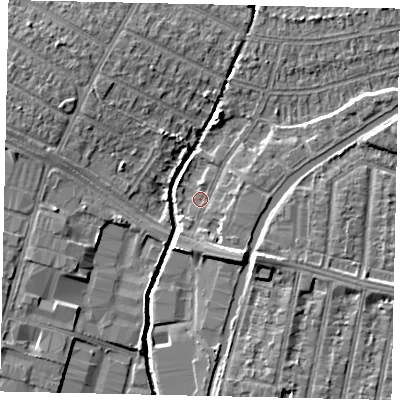 Shaded relief map of the ground around UB40NN, computed from Environment Agency LiDAR. The ground here sits at about 28 m above sea level and falls 7 m across the surrounding 800 m. Surface water reaching this point runs off ground lying to the south-south-east, 4.0 m higher.
