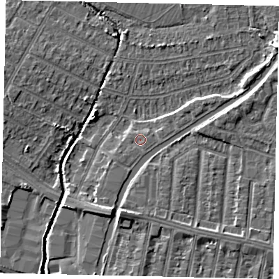 Shaded relief map of the ground around UB40NP, computed from Environment Agency LiDAR. The ground here sits at about 30 m above sea level and falls 7 m across the surrounding 800 m. Surface water reaching this point runs off ground lying to the east-south-east, 0.7 m higher.
