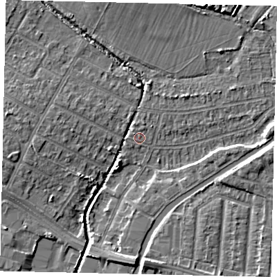 Shaded relief map of the ground around UB40NQ, computed from Environment Agency LiDAR. The ground here sits at about 29 m above sea level and falls 7 m across the surrounding 800 m. Surface water reaching this point runs off ground lying to the north-west, 0.7 m higher.