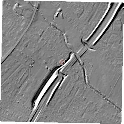 Shaded relief map of the ground around UB40NS, computed from Environment Agency LiDAR. The ground here sits at about 30 m above sea level and falls 11 m across the surrounding 800 m. Surface water reaching this point runs off ground lying to the south-south-west, 7.3 m higher.