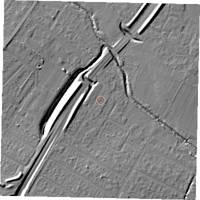 Shaded relief map of the ground around UB40NU, computed from Environment Agency LiDAR. The ground here sits at about 30 m above sea level and falls 10 m across the surrounding 800 m. Surface water reaching this point runs off ground lying to the west-south-west, 3.6 m higher.