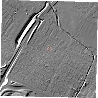 Shaded relief map of the ground around UB40NY, computed from Environment Agency LiDAR. The ground here sits at about 30 m above sea level and falls 12 m across the surrounding 800 m. Surface water reaching this point runs off ground lying to the south, 1.3 m higher.