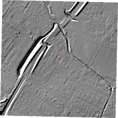 Shaded relief map of the ground around UB40PA, computed from Environment Agency LiDAR. The ground here sits at about 29 m above sea level and falls 10 m across the surrounding 800 m. Surface water reaching this point runs off ground lying to the west-south-west, 1.1 m higher.