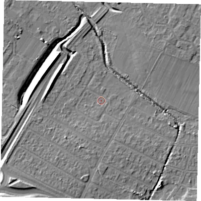 Shaded relief map of the ground around UB40PB, computed from Environment Agency LiDAR. The ground here sits at about 29 m above sea level and falls 10 m across the surrounding 800 m. Surface water reaching this point runs off ground lying to the west, 3.9 m higher.