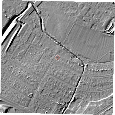 Shaded relief map of the ground around UB40PL, computed from Environment Agency LiDAR. The ground here sits at about 29 m above sea level and falls 10 m across the surrounding 800 m. Surface water reaching this point runs off ground lying to the south-west, 3.2 m higher.