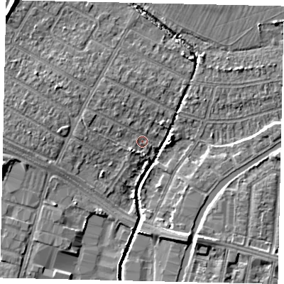 Shaded relief map of the ground around UB40PW, computed from Environment Agency LiDAR. The ground here sits at about 29 m above sea level and falls 8 m across the surrounding 800 m. Surface water reaching this point runs off ground lying to the west-north-west, 2.6 m higher.
