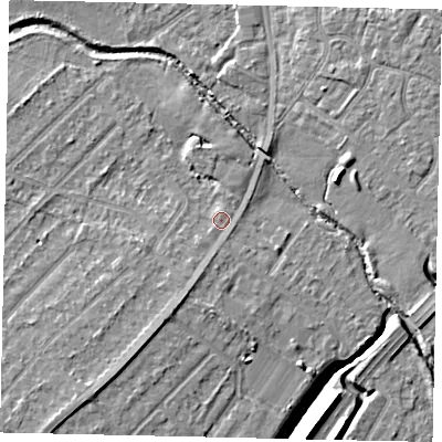 Shaded relief map of the ground around UB40XP, computed from Environment Agency LiDAR. The ground here sits at about 30 m above sea level and falls 7 m across the surrounding 800 m. Surface water reaching this point runs off ground lying to the south-south-west, 2.0 m higher.
