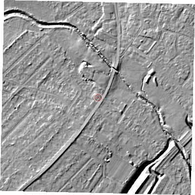 Shaded relief map of the ground around UB40XR, computed from Environment Agency LiDAR. The ground here sits at about 30 m above sea level and falls 7 m across the surrounding 800 m. Surface water reaching this point runs off ground lying to the south-south-west, 2.5 m higher.